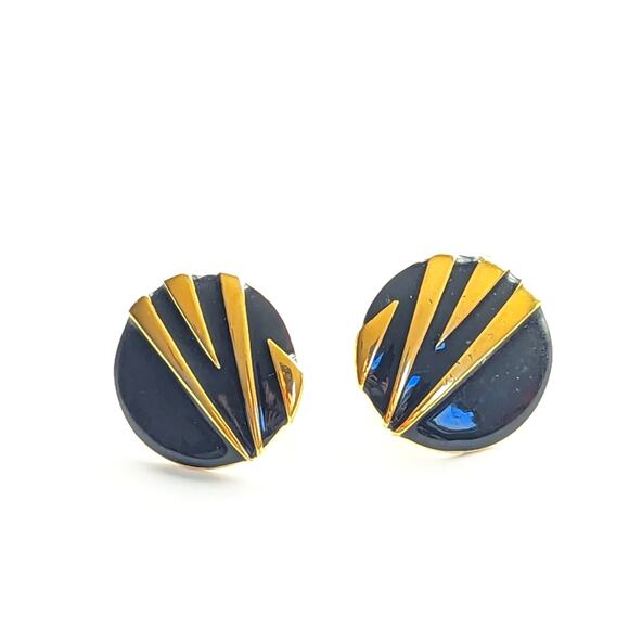 Vintage Signed Napier Chic 80s Gold Tone Black Enameled Clip On Earrings - Picture 2 of 4